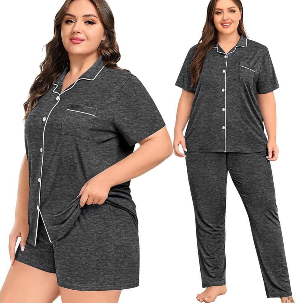 Amazon Plus Size Charcoal Gray Short Sleeve Pajama Set with White Piping